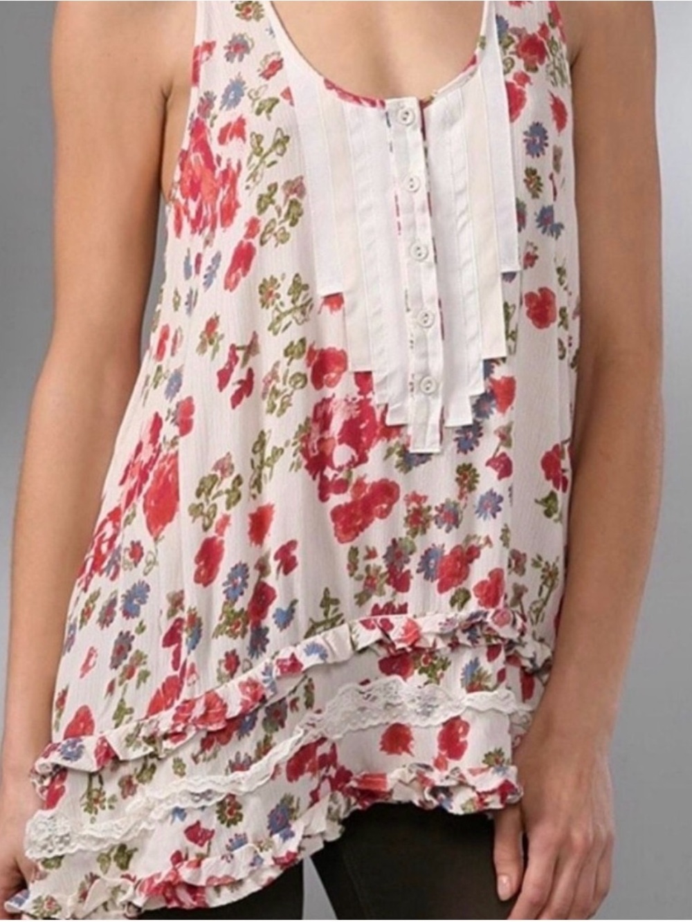 Free People Floral Tuxedo Ruffle Cami Tunic Top Boho ASO Selena Gomez Wizards XS